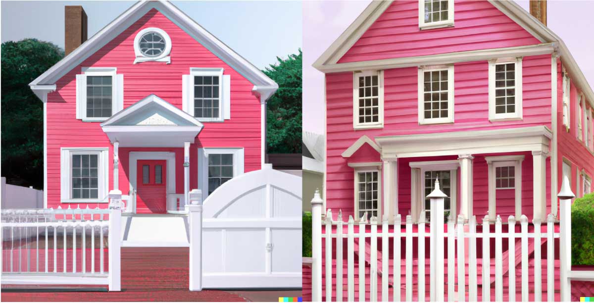 DALL·E-2023-01-28-22.33.14---a-two-story-pink-house-with-a-white-fence-and-a-red-door,-photo-realistic-digital-art