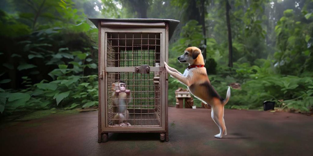 A-small-monkey-wearing-a-pink-frock-is-inside-a-large,-sturdy-cage-with-a-net-design